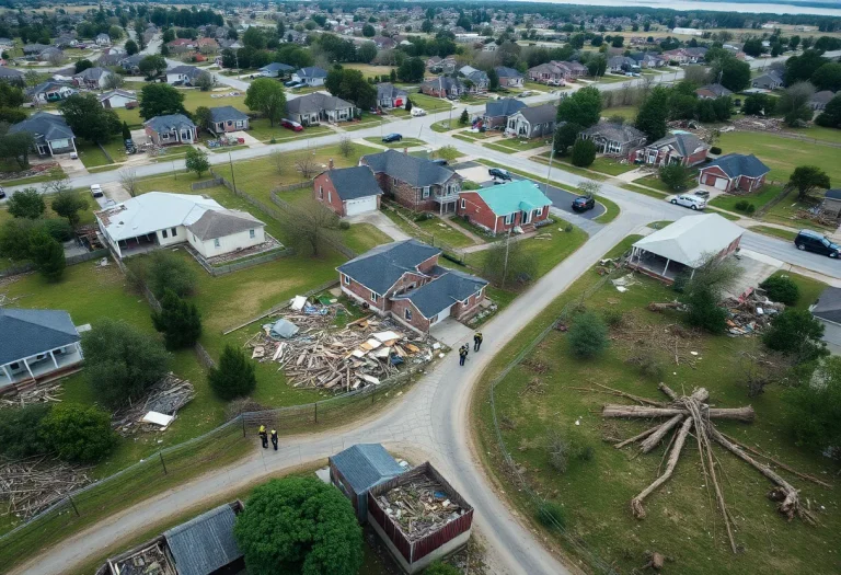 Destruction caused by tornado in Kentucky with emergency responders