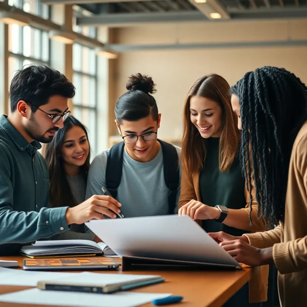 University students collaborating on research