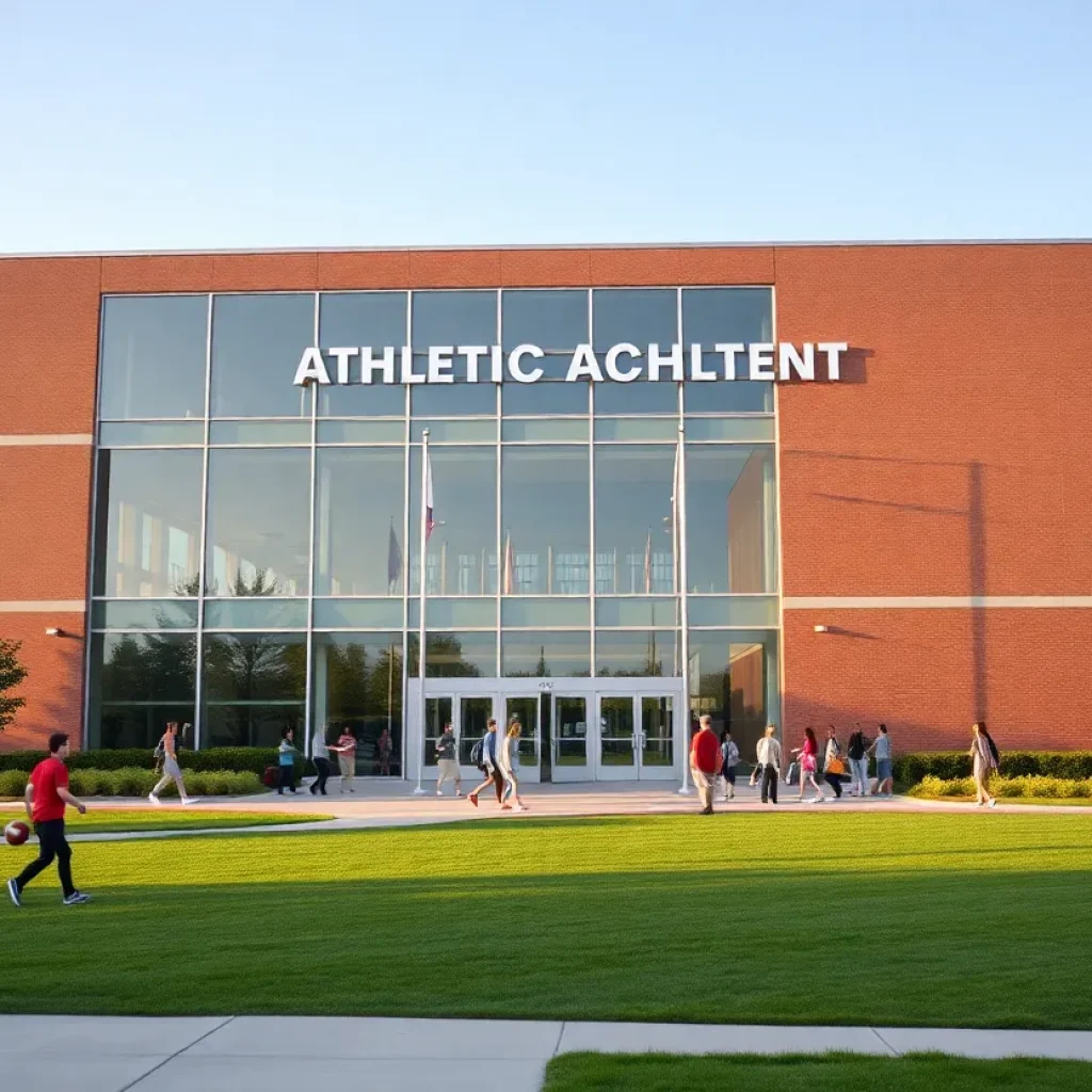 Modern university athletic building with students and sports activities