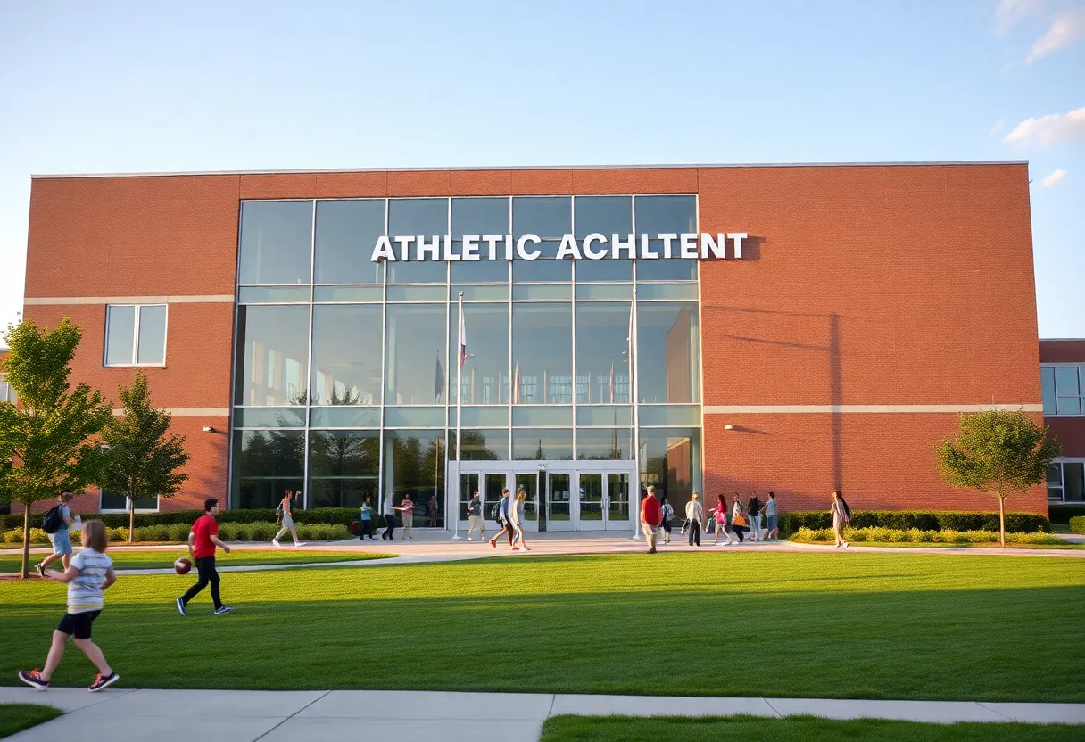 Modern university athletic building with students and sports activities