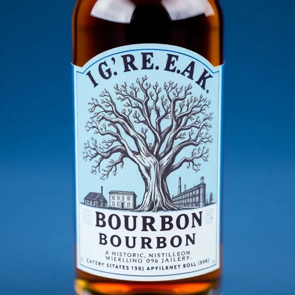 Label design of WildCask bourbon showcasing a White Oak tree and a distillery sketch.