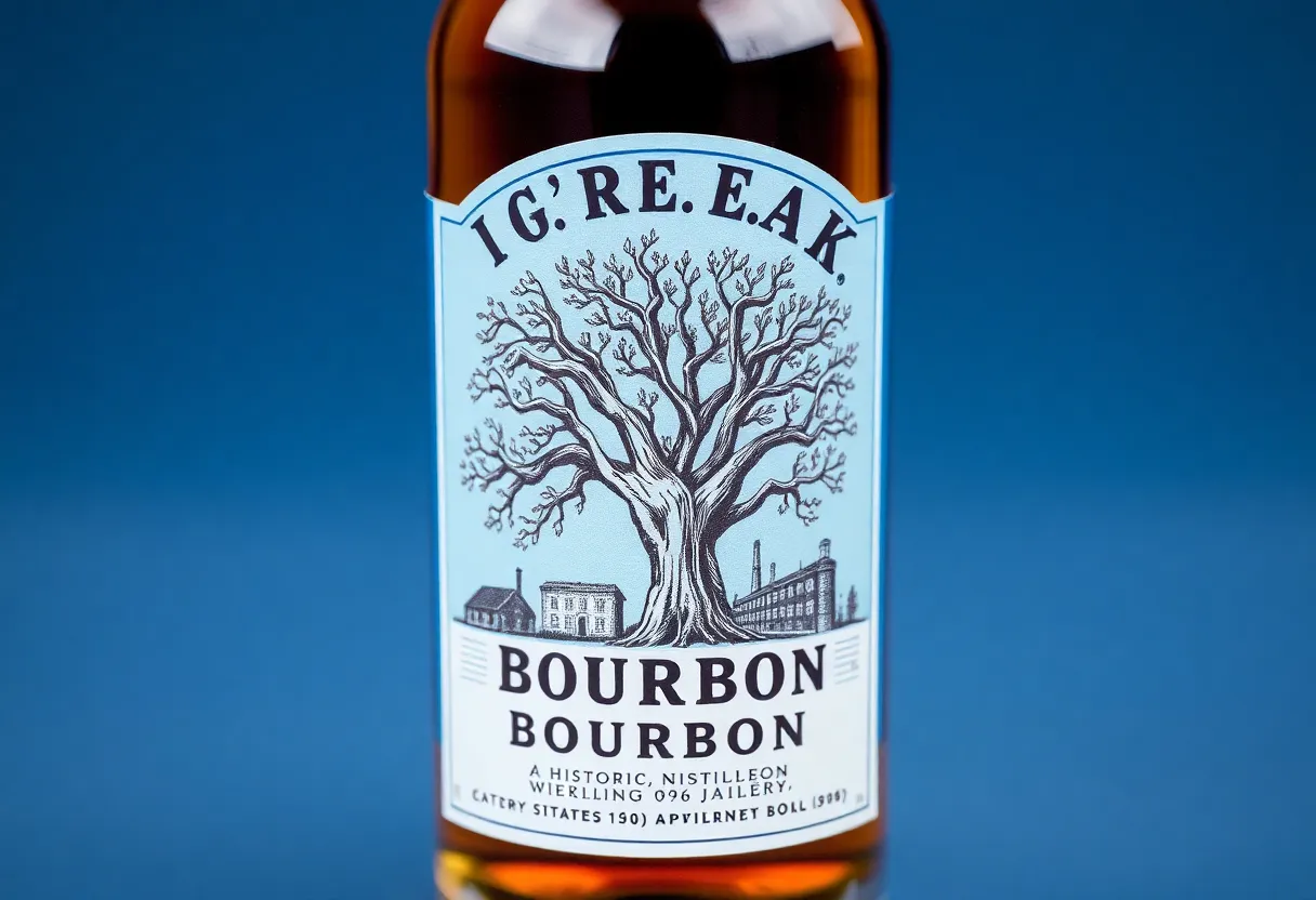 Label design of WildCask bourbon showcasing a White Oak tree and a distillery sketch.