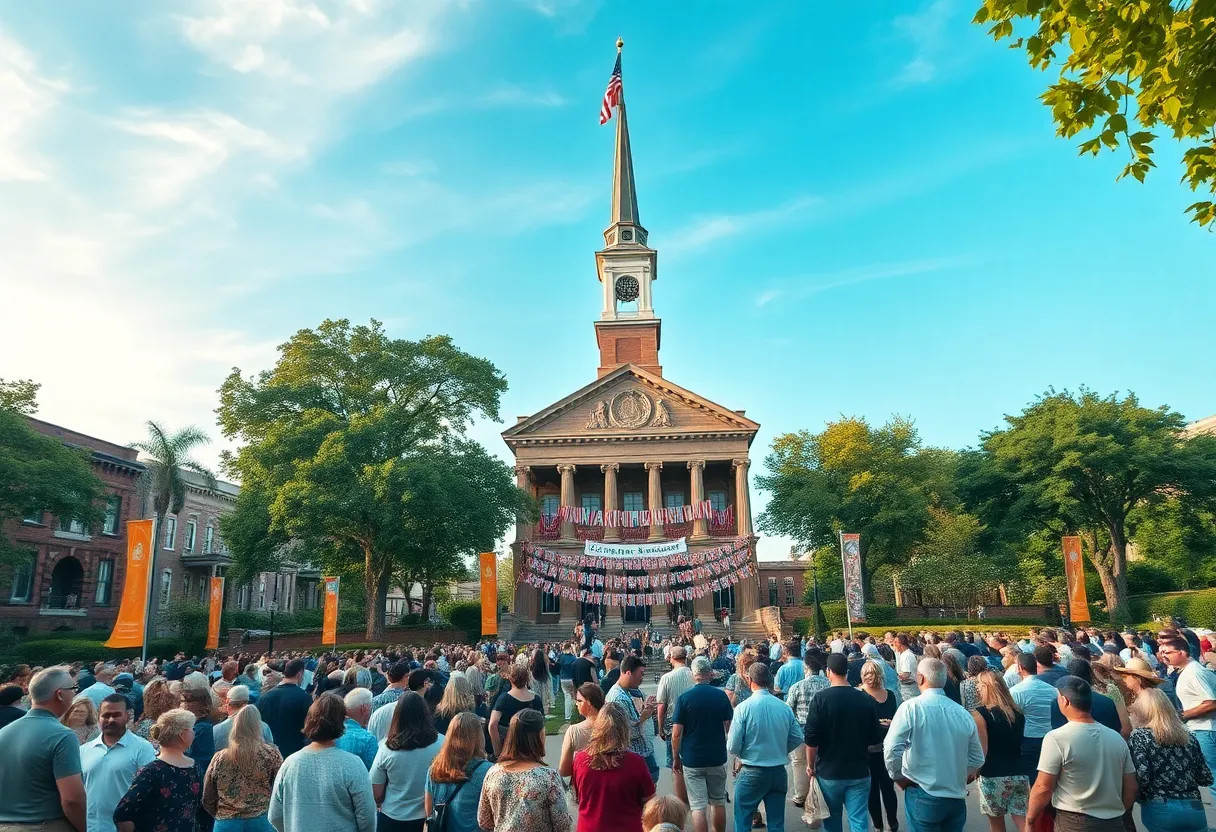 Community gathering at a historic landmark in Winchester, celebrating preservation efforts.