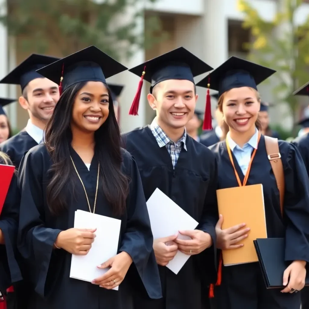 Students celebrating their academic achievements in a campus setting.