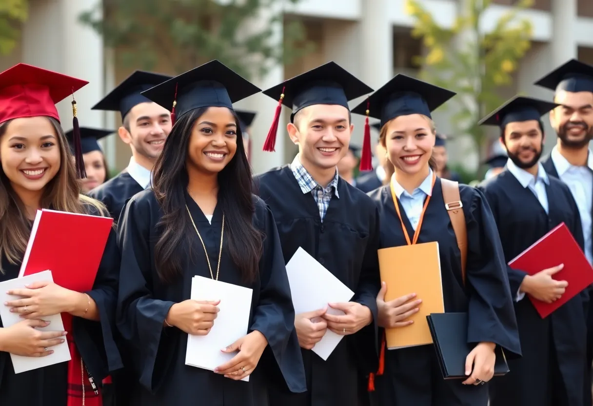 Students celebrating their academic achievements in a campus setting.