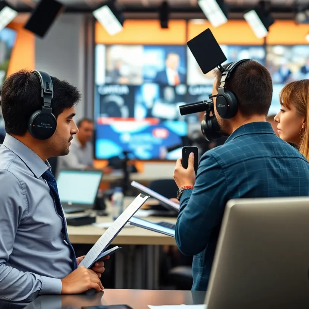 A journalist reporting in a bustling newsroom.
