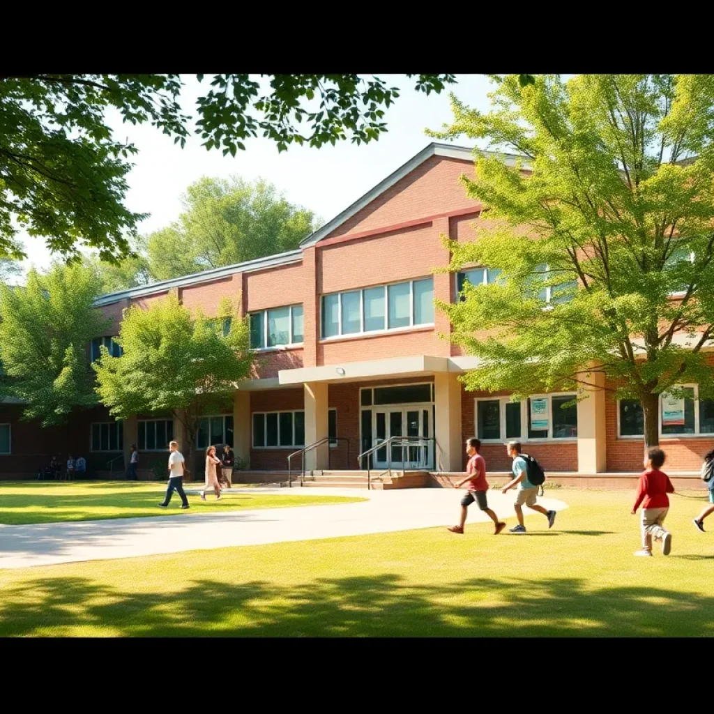 Exterior view of Ashland Elementary School with students playing outside.