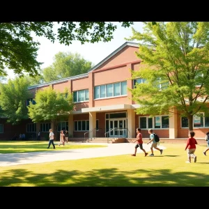 Exterior view of Ashland Elementary School with students playing outside.