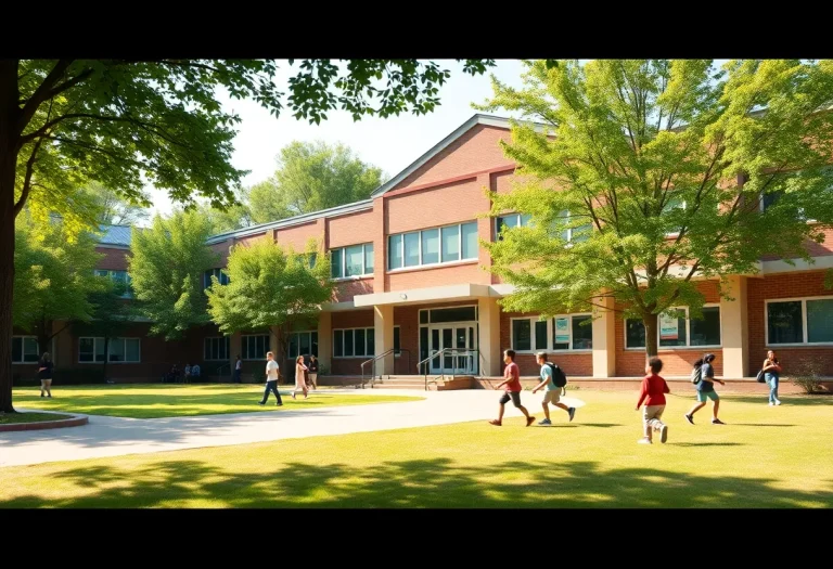 Exterior view of Ashland Elementary School with students playing outside.
