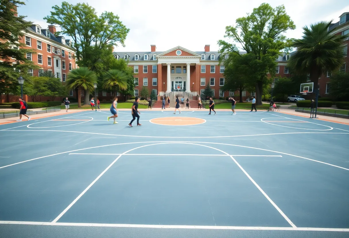 Outdoor basketball court at a university with players practicing
