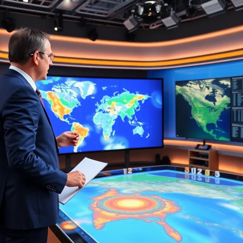 Meteorologist in a weather studio explaining weather forecasts