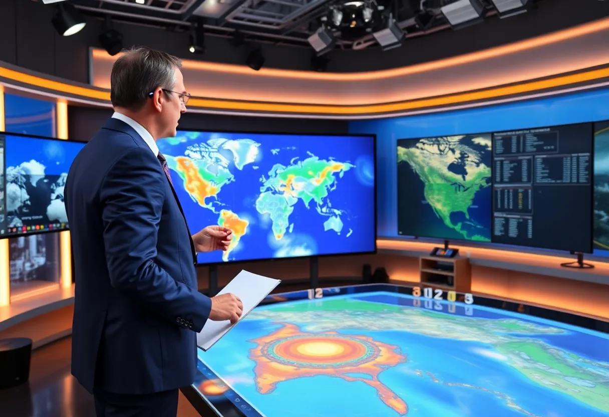 Meteorologist in a weather studio explaining weather forecasts