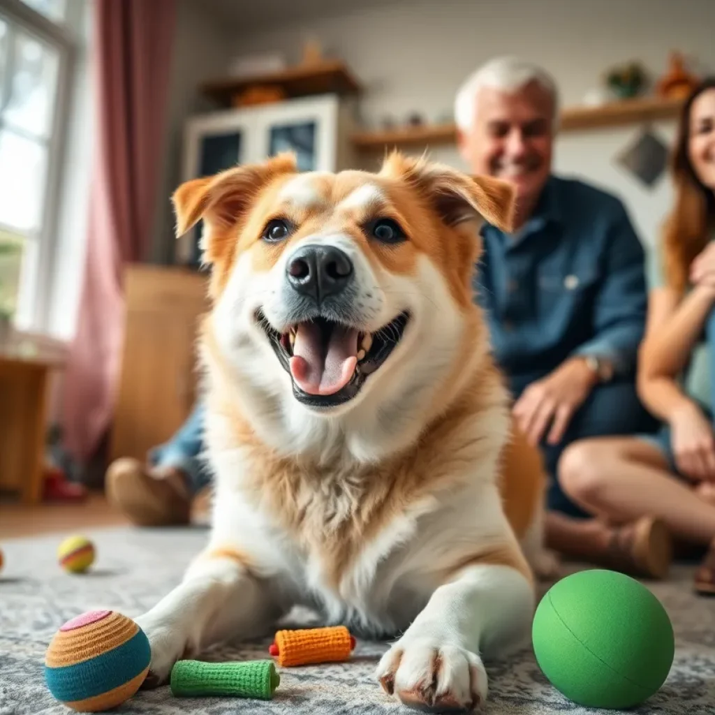 A joyful rescued dog named Bella playing in her new home