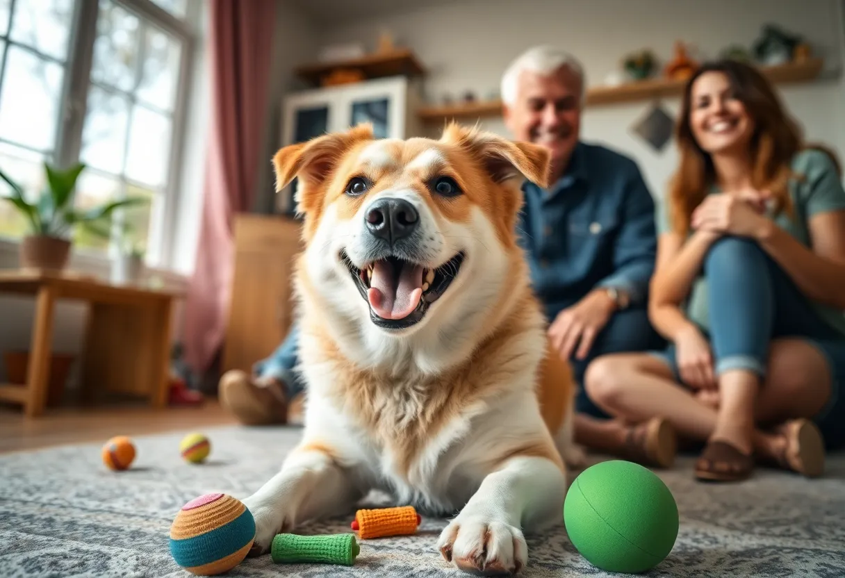 A joyful rescued dog named Bella playing in her new home
