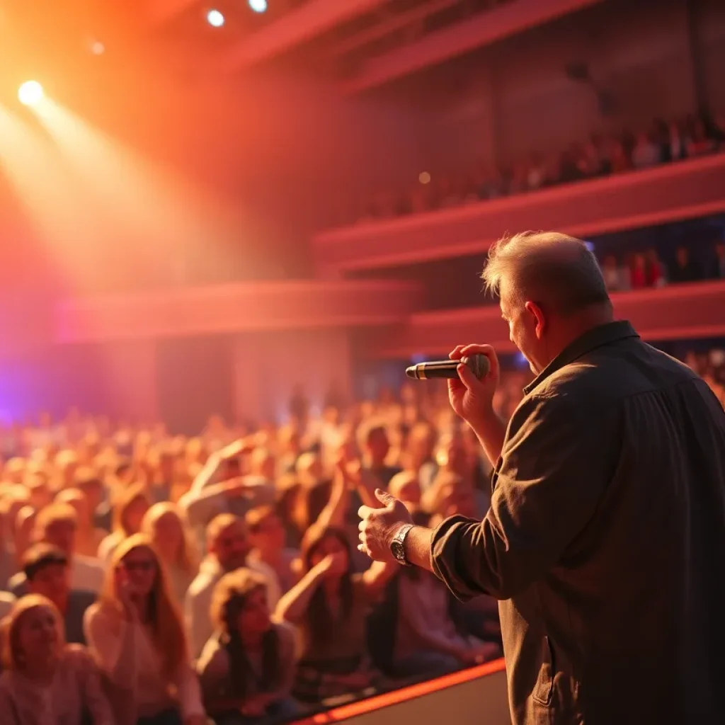 Musician performing at a tribute concert with an emotional audience