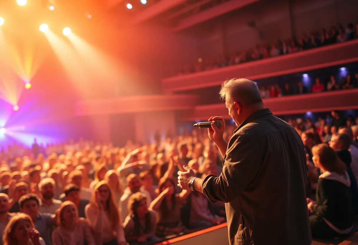 Musician performing at a tribute concert with an emotional audience