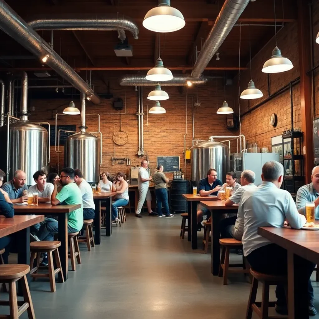 Interior of Black Type Brewing with patrons enjoying craft beer and food.