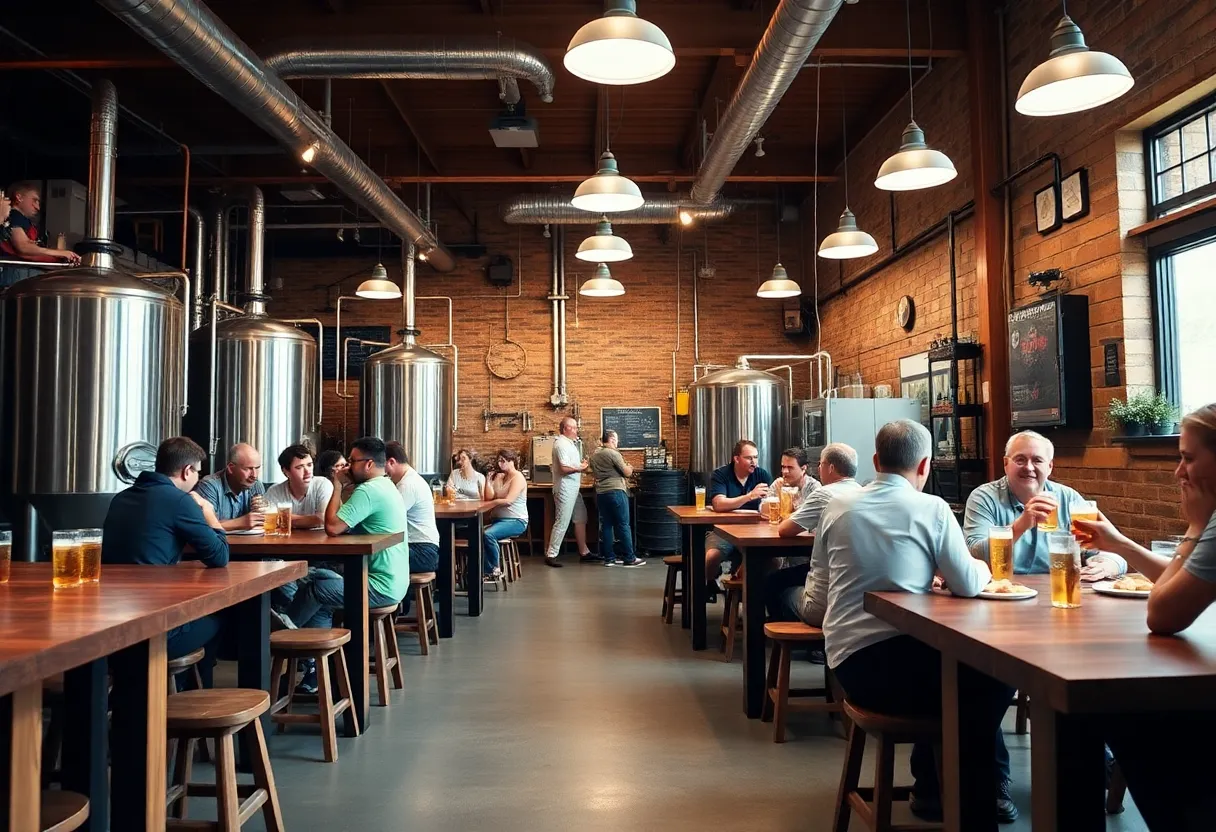 Interior of Black Type Brewing with patrons enjoying craft beer and food.