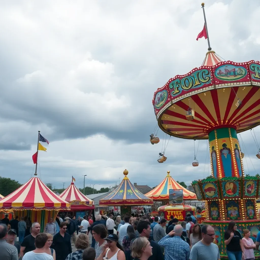Crowd enjoying rides at Bluegrass Fair under cloudy weather