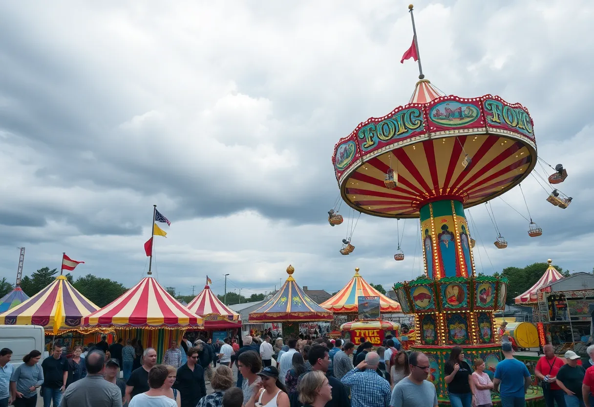 Crowd enjoying rides at Bluegrass Fair under cloudy weather