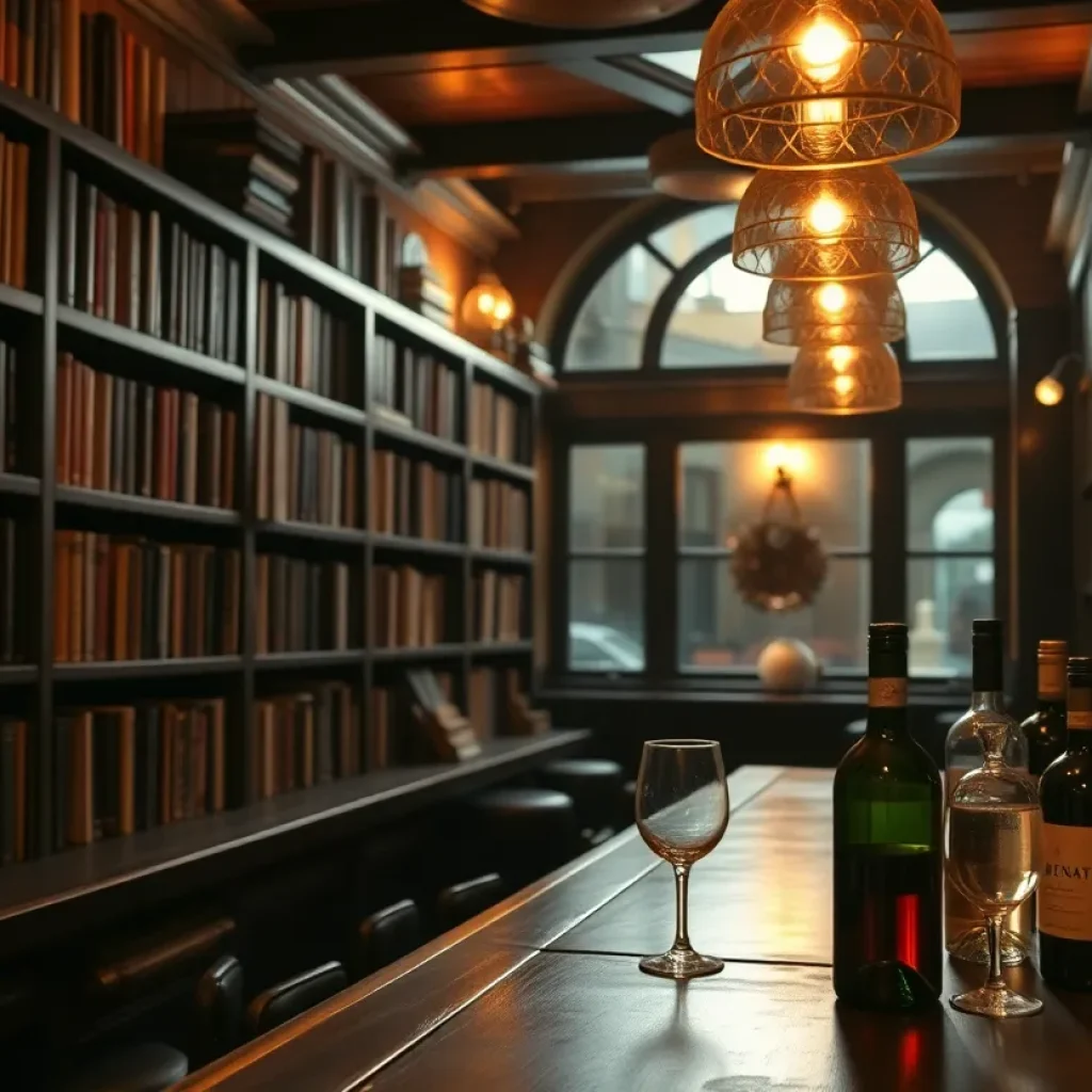 Speakeasy bar with bookshelves and wine selection