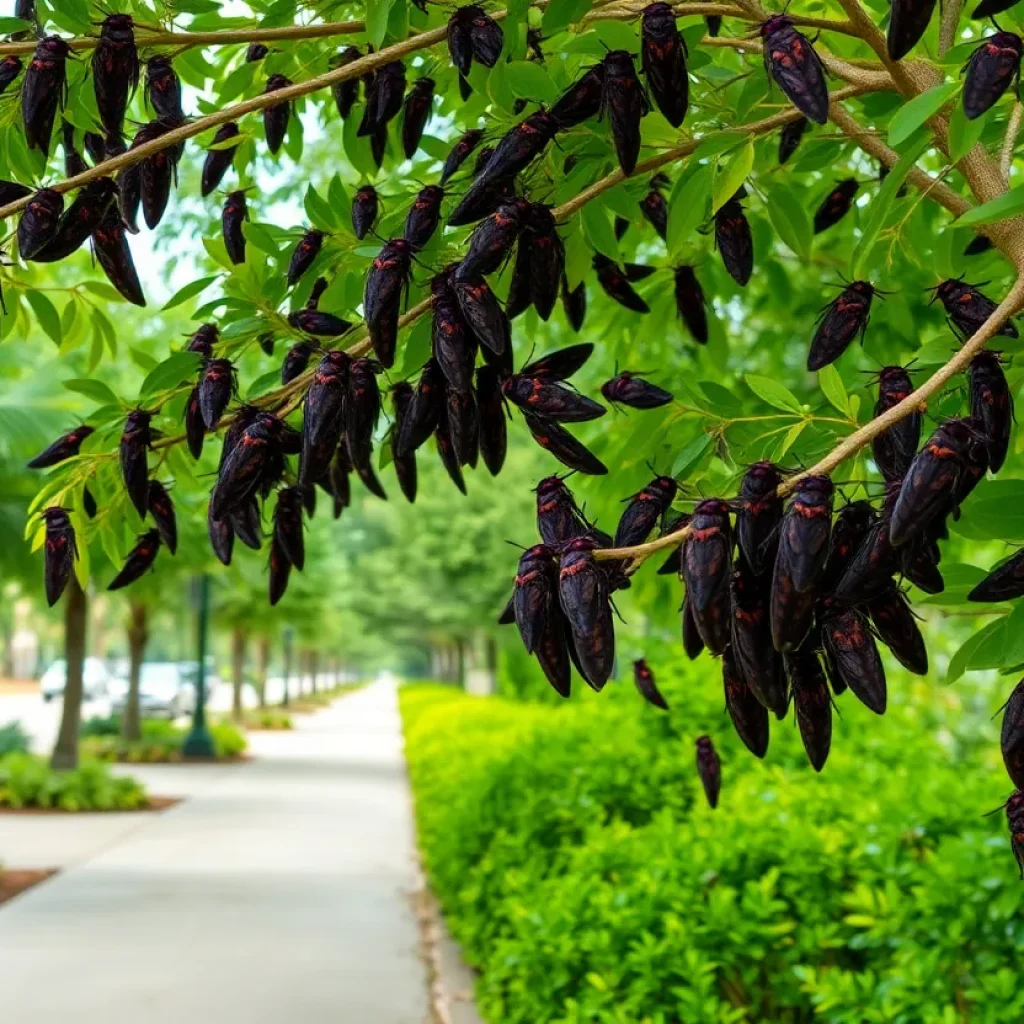 A group of Bourbon Brood cicadas perched on a tree branch in Kentucky.