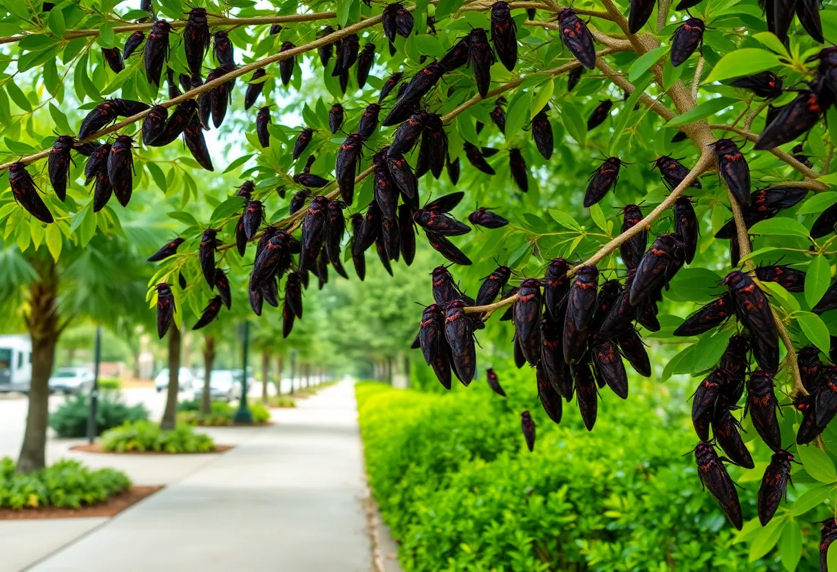 A group of Bourbon Brood cicadas perched on a tree branch in Kentucky.