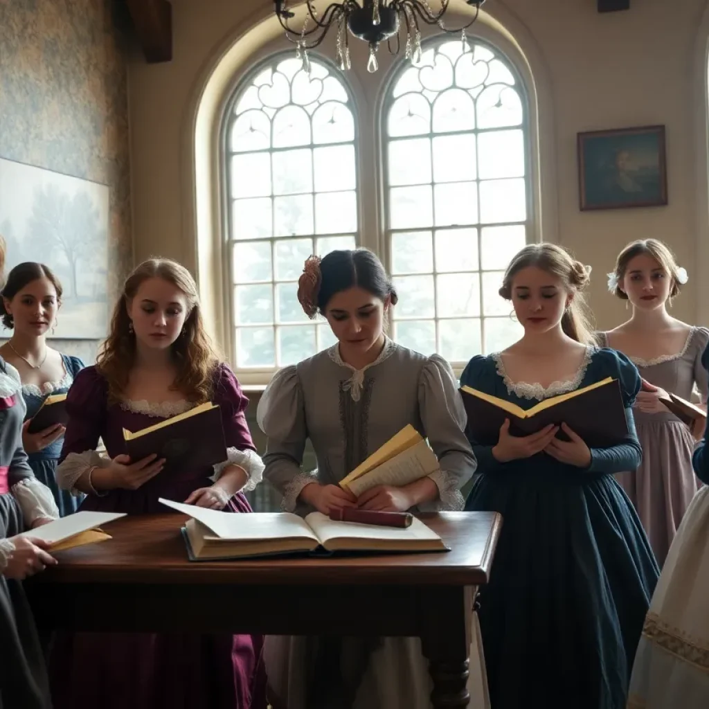 Historical representation of an 18th-century educational setting for girls.