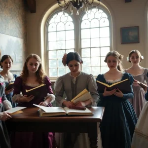 Historical representation of an 18th-century educational setting for girls.