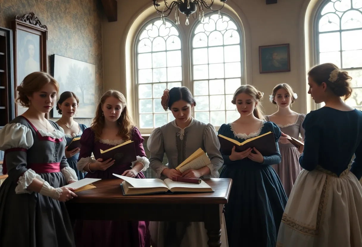 Historical representation of an 18th-century educational setting for girls.