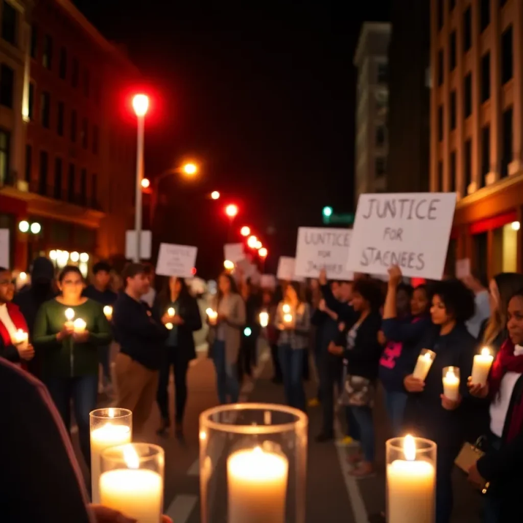 Community memorial vigil for Christopher Snow with candles and signs