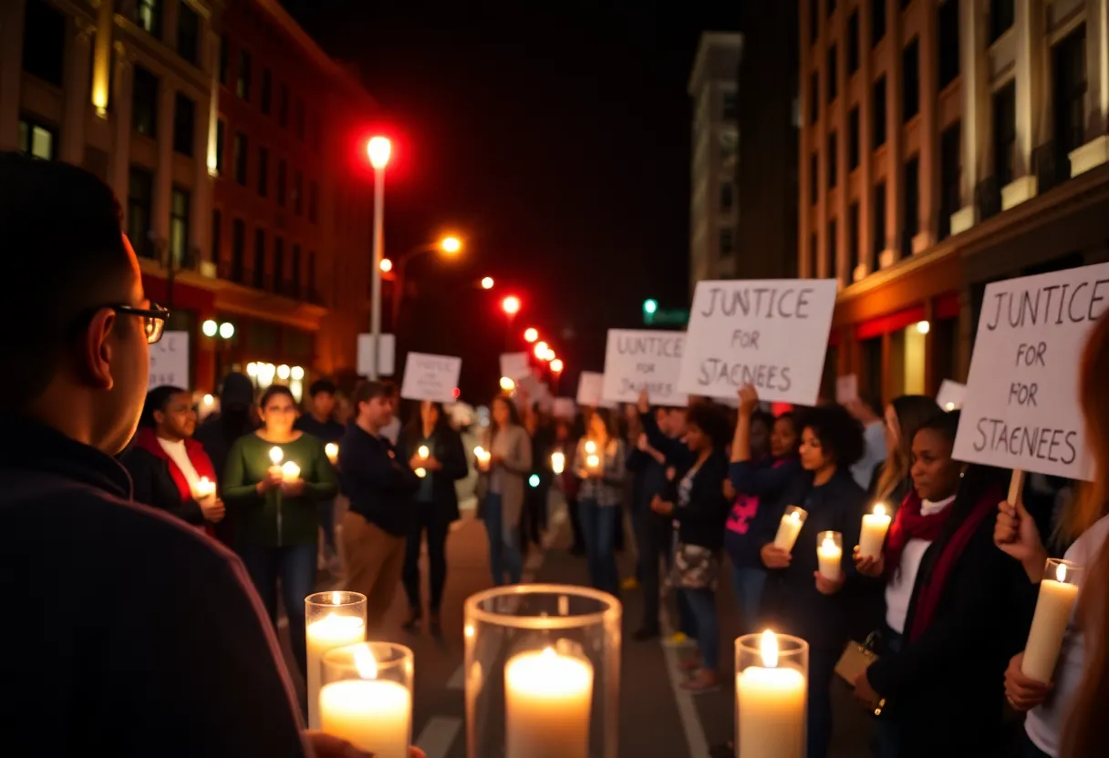 Community memorial vigil for Christopher Snow with candles and signs