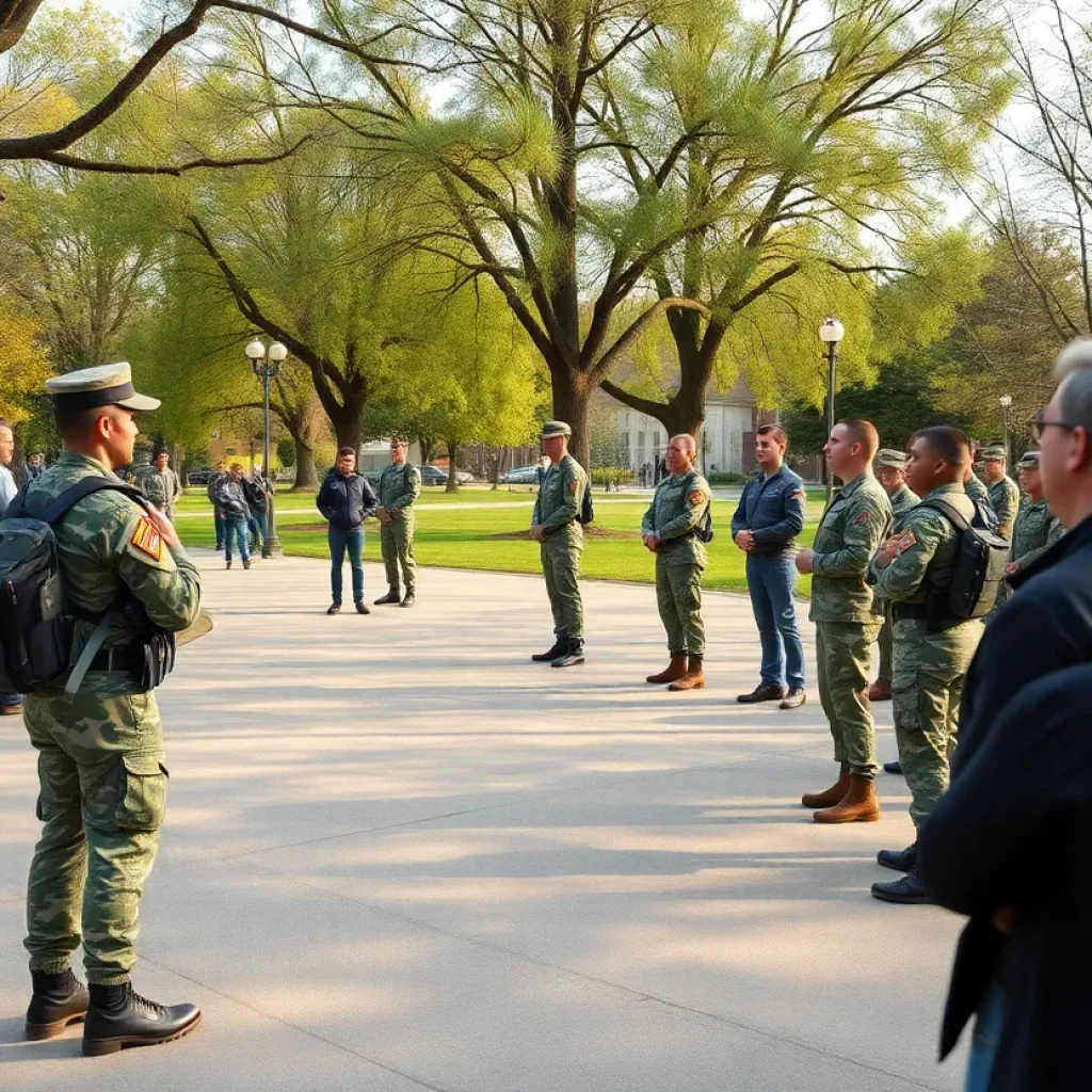 Community members expressing concerns in a park with ROTC cadets training in the background.