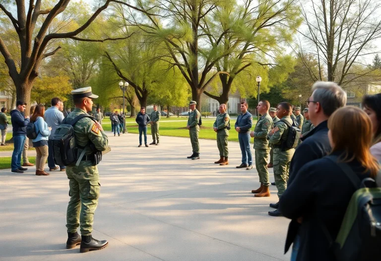 Community members expressing concerns in a park with ROTC cadets training in the background.