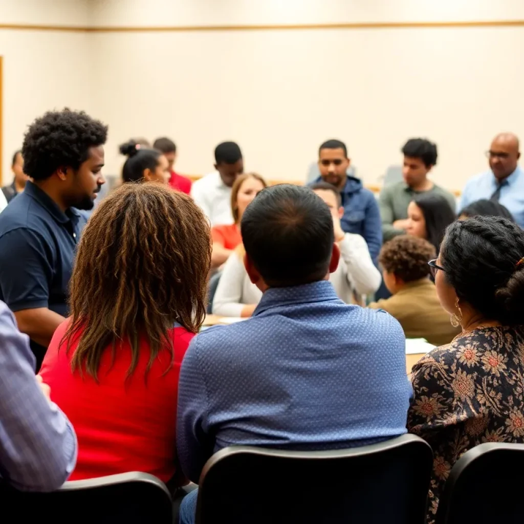 Community members discussing school budget concerns at a meeting
