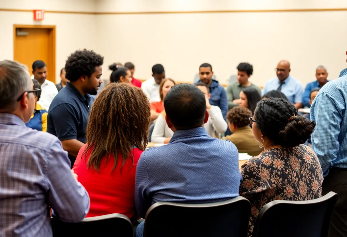 Community members discussing school budget concerns at a meeting