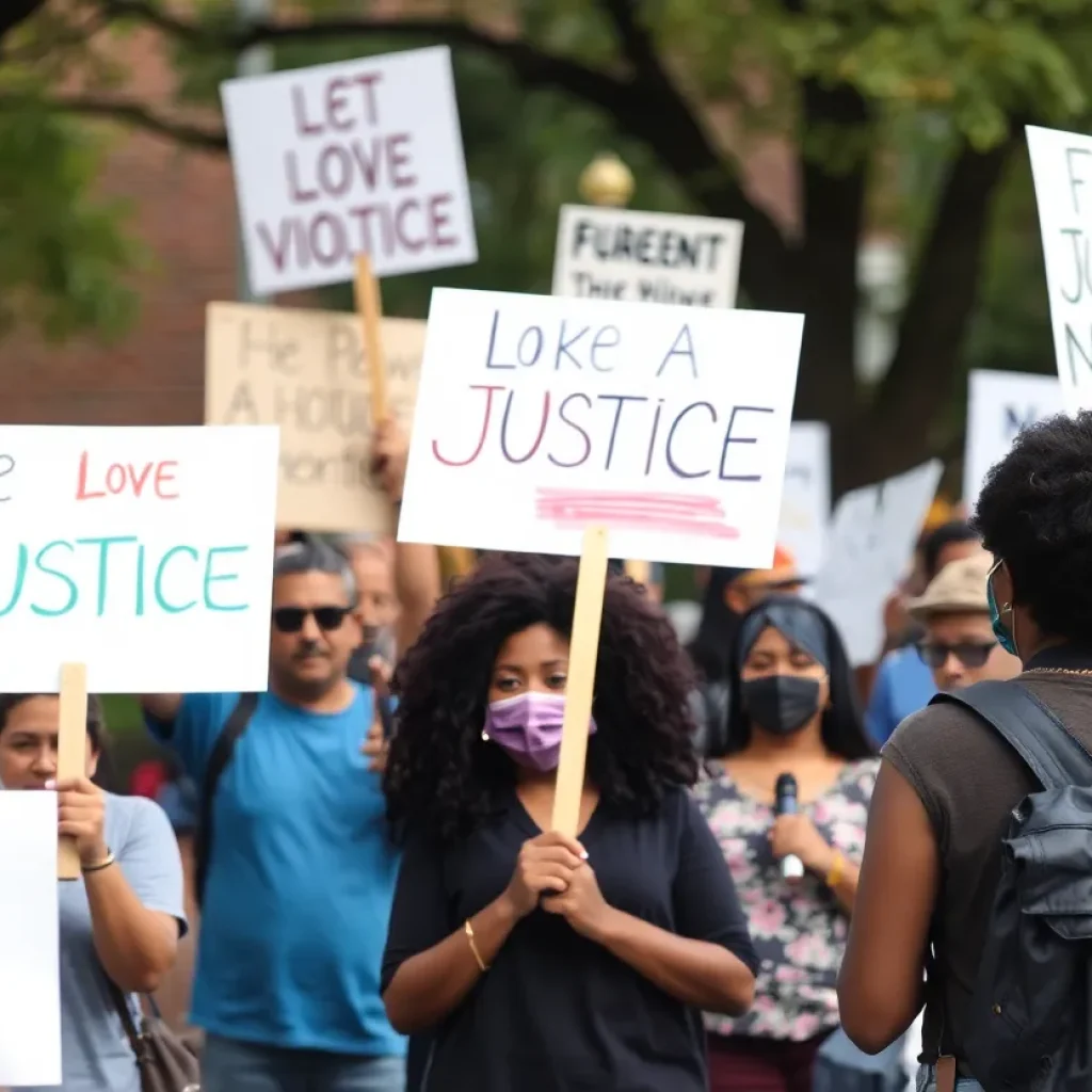 Community members gathered holding signs at a rally for justice