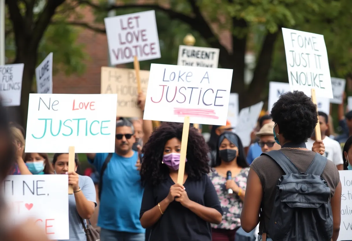 Community members gathered holding signs at a rally for justice