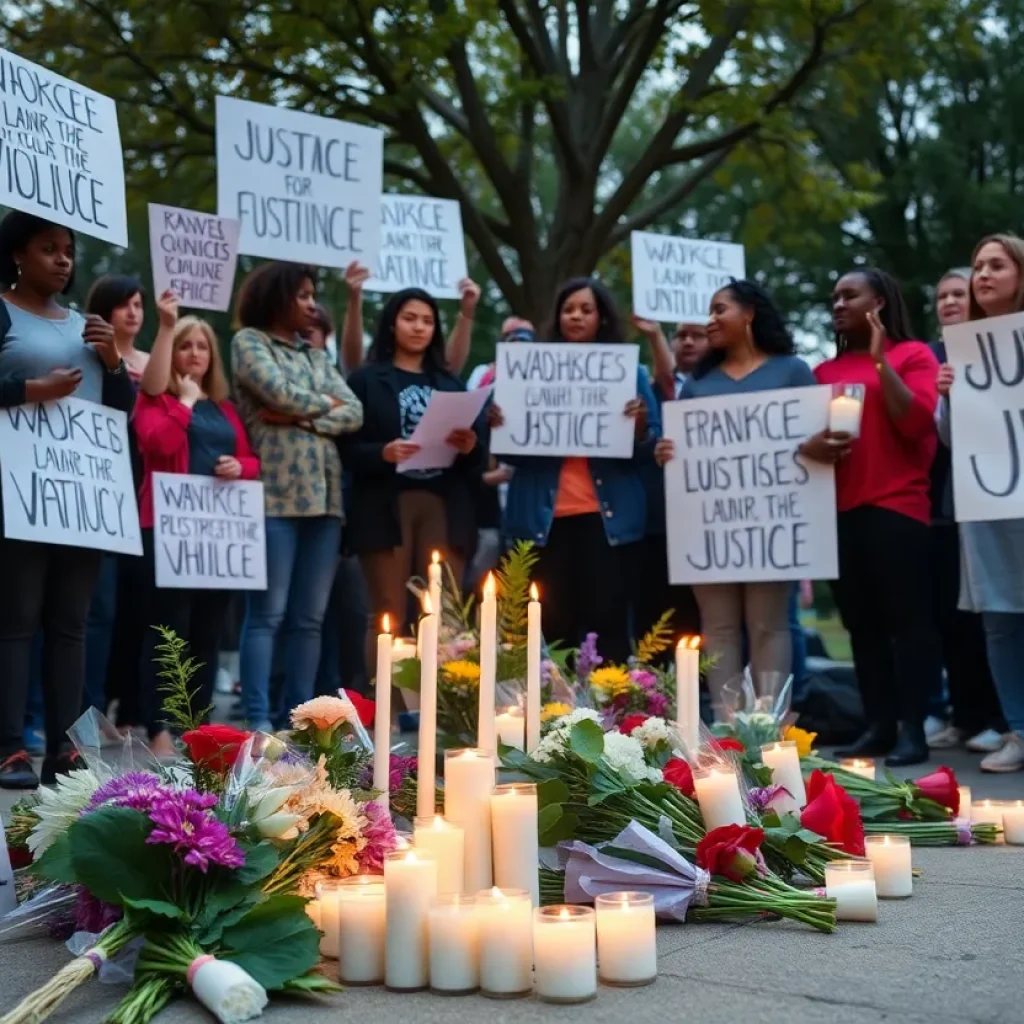 People gathering with candles in a vigil for murder victims