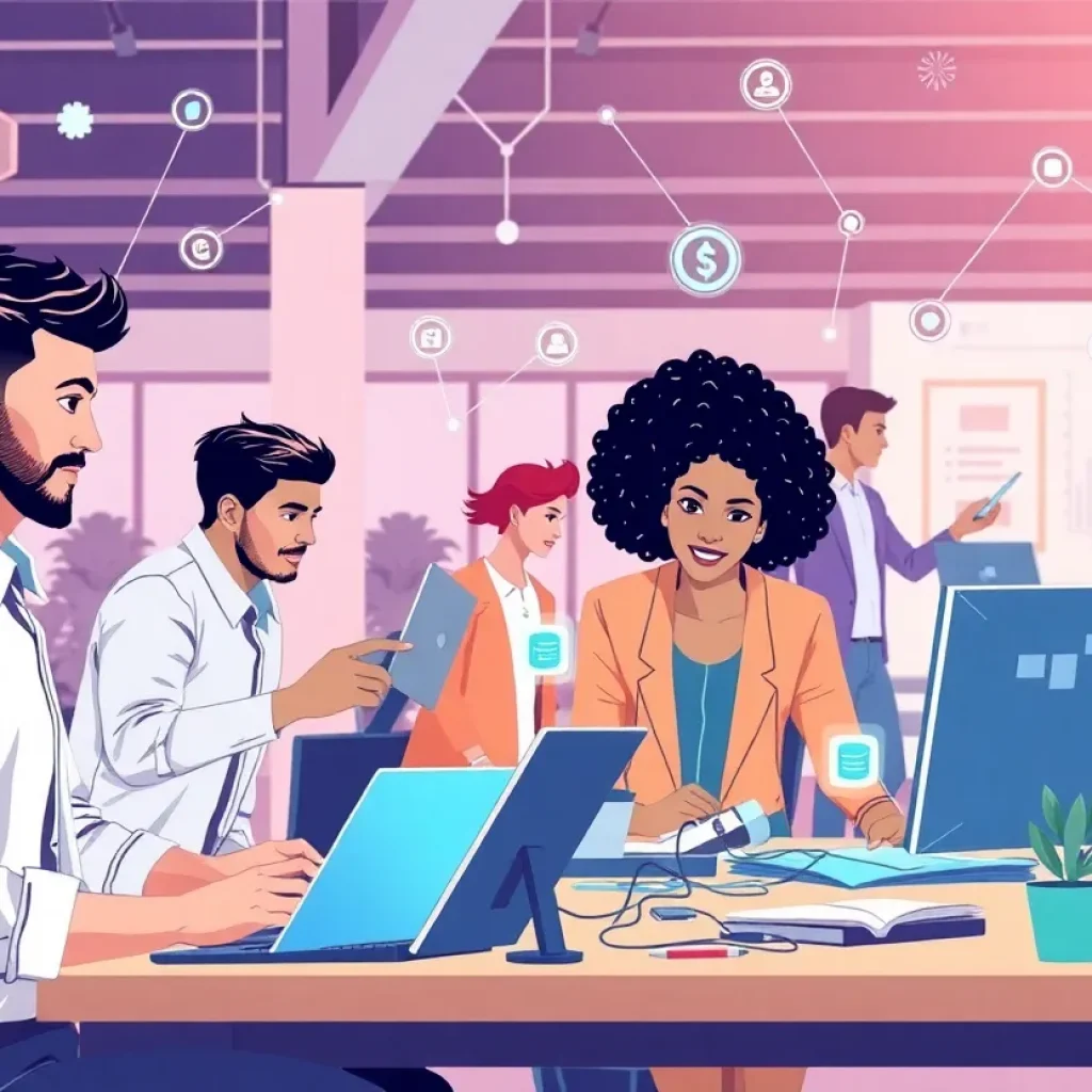 Graphical representation of technology and engineering professionals working together on innovative projects.
