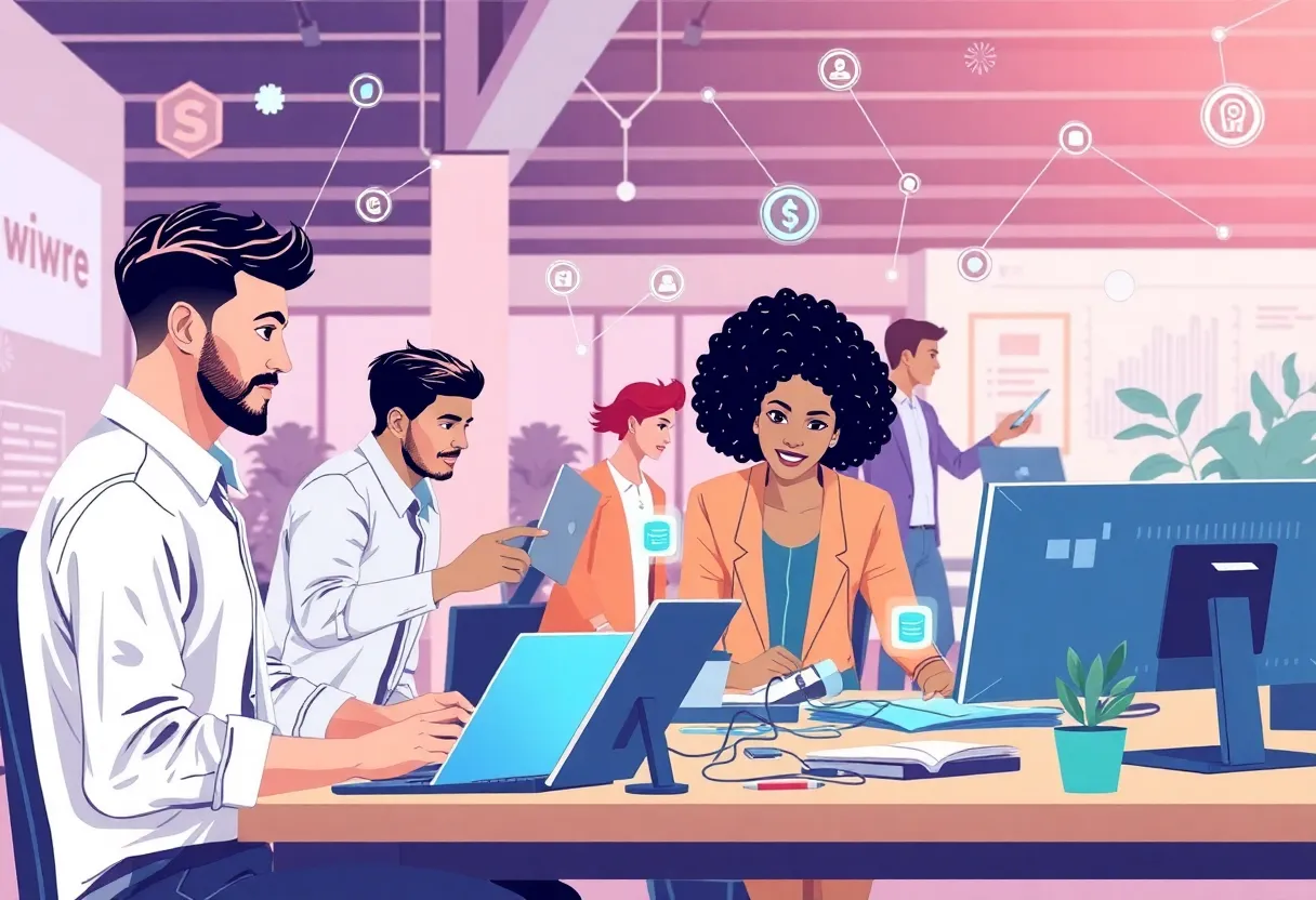 Graphical representation of technology and engineering professionals working together on innovative projects.