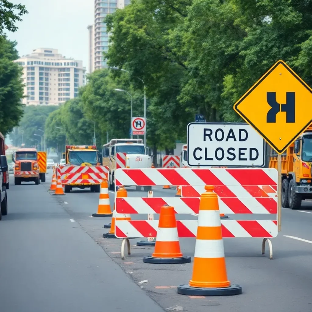 Construction workers working on a road closure at New Circle Road in Lexington