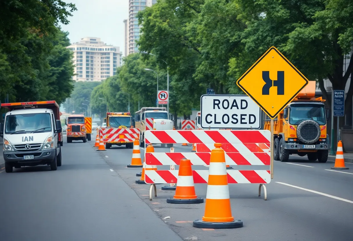 Construction workers working on a road closure at New Circle Road in Lexington
