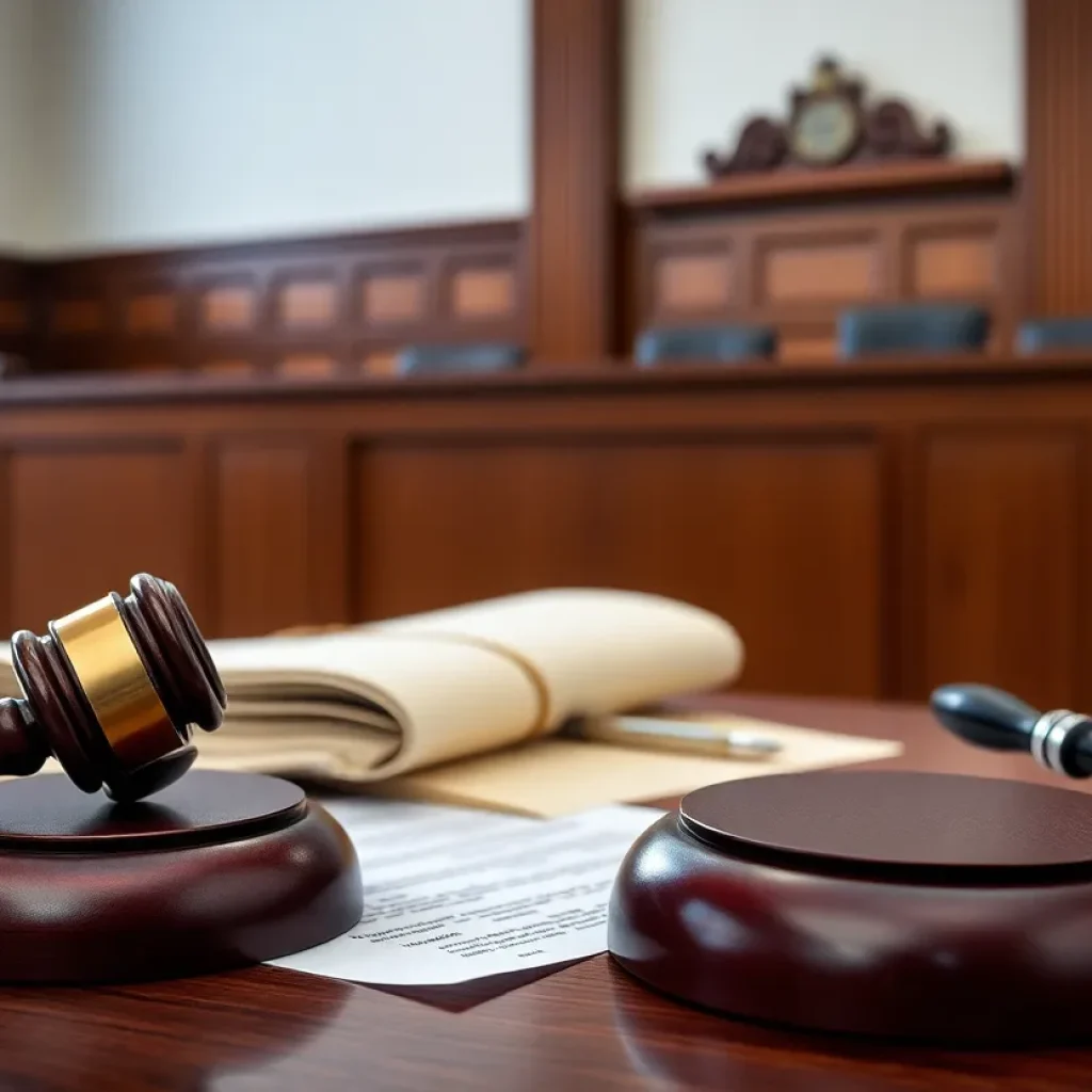 A judge's bench in a courtroom with legal documents and a gavel