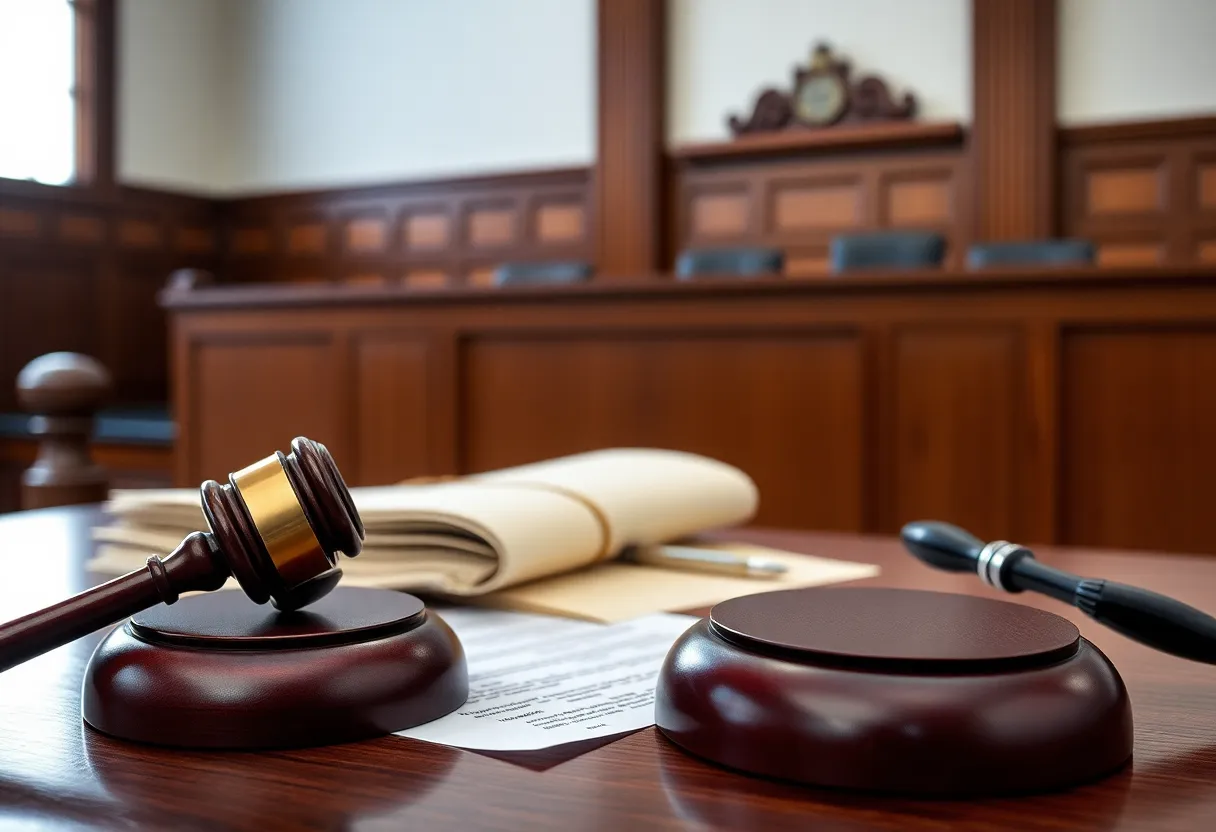 A judge's bench in a courtroom with legal documents and a gavel