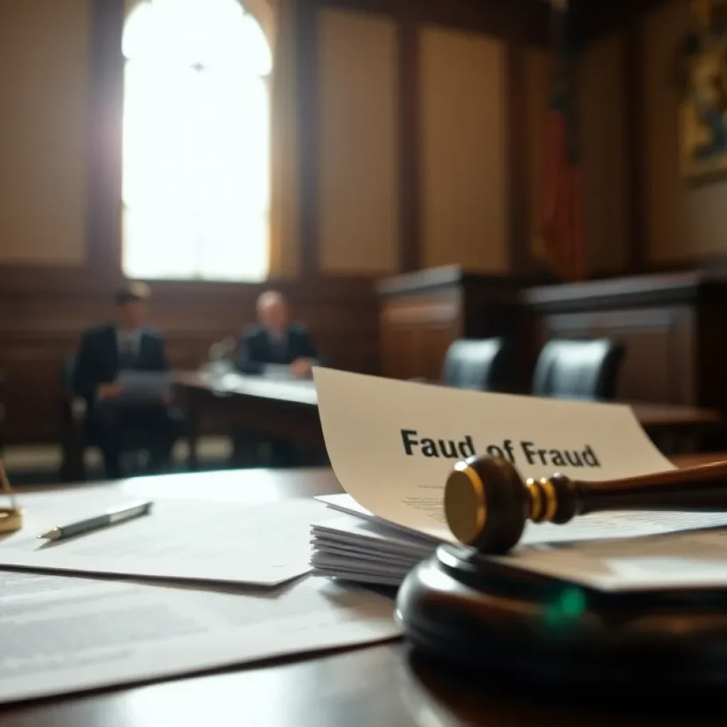 Courtroom interior focusing on legal documents and shadows