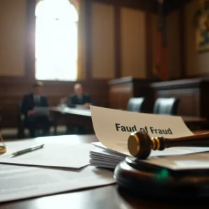 Courtroom interior focusing on legal documents and shadows