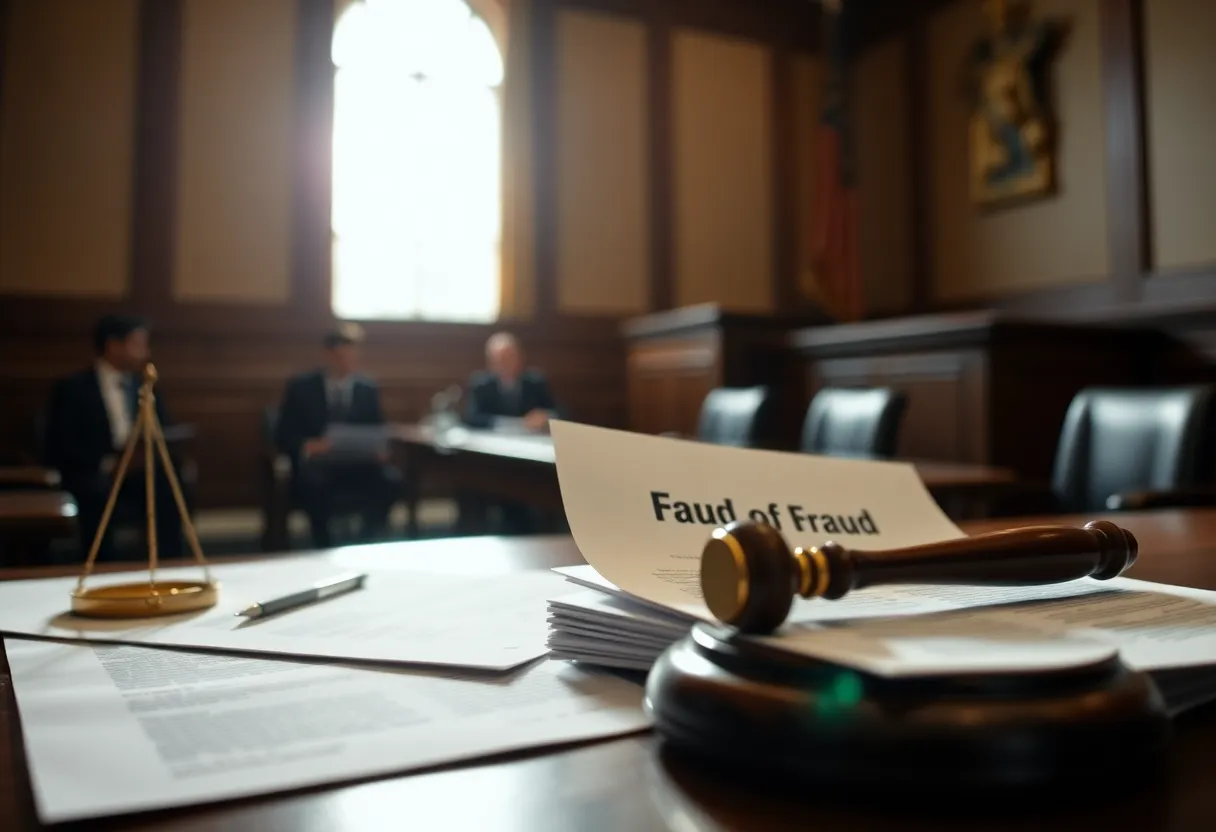 Courtroom interior focusing on legal documents and shadows