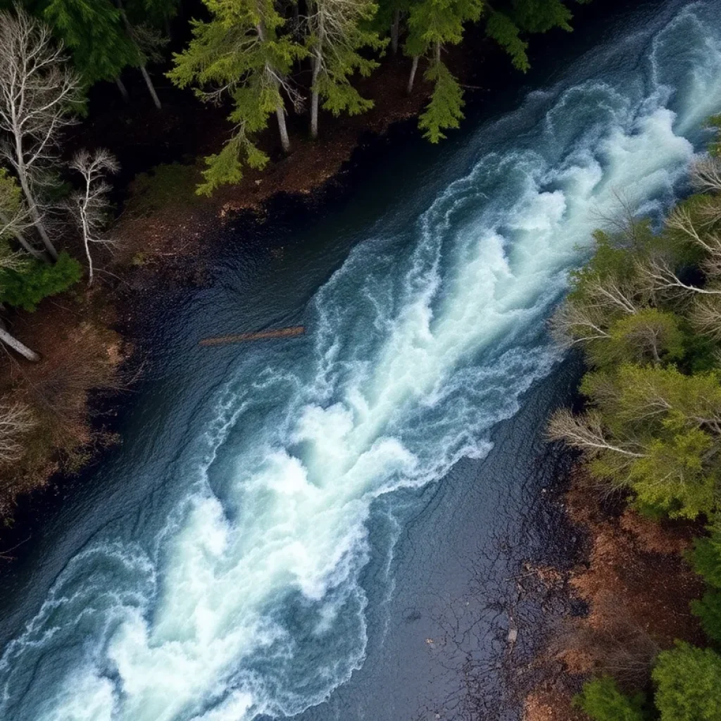 A view of Elkhorn Creek showcasing swift currents and high water levels post rainfall.