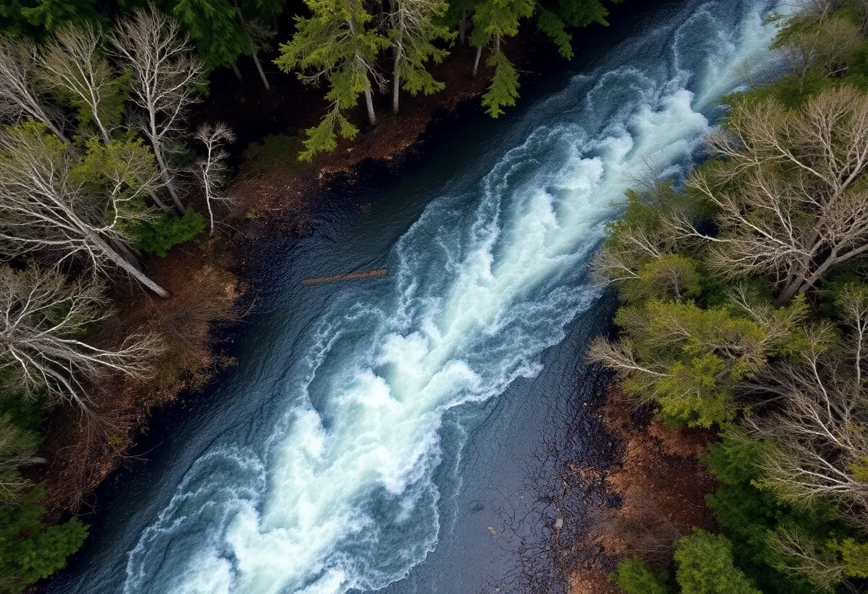 A view of Elkhorn Creek showcasing swift currents and high water levels post rainfall.
